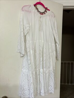 Linen-Feel White Eyelet Long Sleeve MIDI Dress